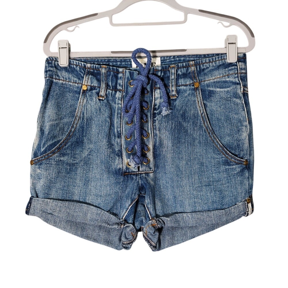 One Teaspoon Shorts 26 Super Freaks Mineral Wash Denim‎ Lace Up Cuffed Nautical